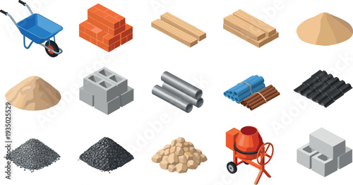 Construction materials and building equipment collection including bricks, sand, cement mixer, pipes, wood planks and wheelbarrow, industrial supplies vector set for engineering and construction