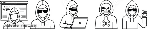 Black line hacker and cybersecurity icon set featuring hooded figures with sunglasses laptop computer and skull bones flat vector