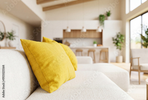 Bright modern and minimalist living room with a white sofa, yellow cushions, and a modern open kitchen. High ceiling interior with natural light.3d render
