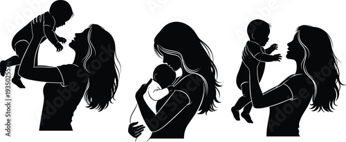 Beautiful black mother and baby silhouettes featuring loving poses for maternal health branding, parenting blogs, mothers day greeting cards, and family-oriented graphic design projects.