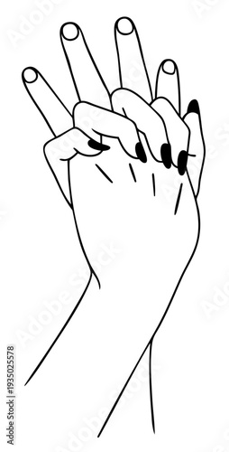 Contour Line Drawing of Woman Hand Firmly Holding Man Hand Showing Female Initiative and Love Gesture