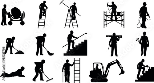 Construction worker silhouettes performing various building tasks including ladder work, cement mixing, digging, painting, scaffolding and excavator operation isolated vector collection for industry 
