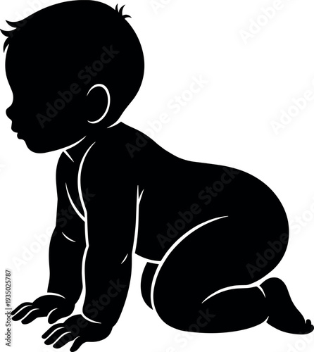 Crawling baby silhouette side view isolated on white background, infant child development stage, cute toddler movement, early childhood growth, parenting and newborn concept illustration
