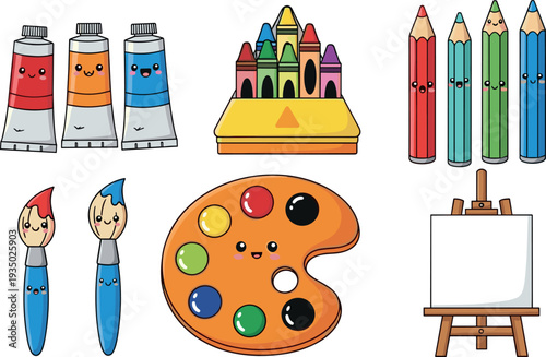 Cute cartoon art supplies illustration set with paint tubes, colored pencils, brushes, palette and easel representing creative drawing tools for kids education