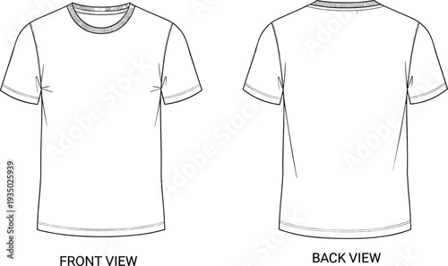 Blank White T-shirt Mockup Set Featuring Front and Back View Line Art Technical Drawing for Fashion Design Apparel Template Clothing Branding and Custom Printing