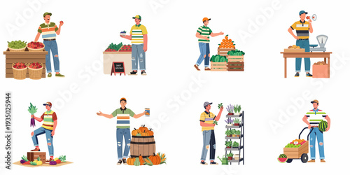 Illustrations of male vendors selling diverse fresh fruits, vegetables, and seasonal produce at a farmers' market, showcasing agriculture, healthy food, and local commerce.