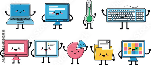 Cute kawaii office and computer technology characters collection with laptop, monitor, keyboard, thermometer, folder and charts, colorful cartoon icons for education, workspace and digital tools