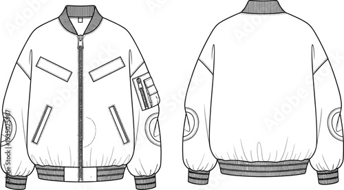Bomber jacket technical flat sketch vector illustration featuring front and back views with utility pockets rib knit cuffs and zip up detail for fashion design tech packs