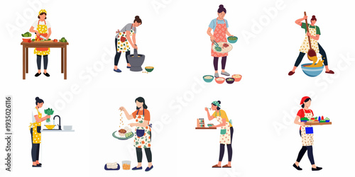 Women cooking and preparing food: a collection of illustrations depicting various kitchen tasks, from chopping vegetables to garnishing dishes, celebrating homemade meals.