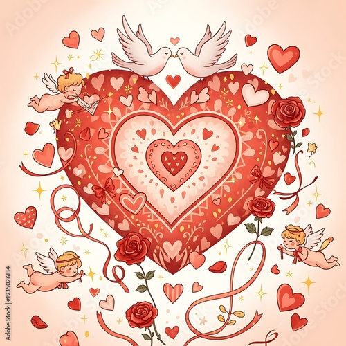 A large red heart surrounded by smaller hearts, doves, and cherubs