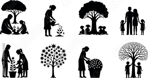 Family tree planting and gardening silhouettes set showing parents and children watering plants, caring for nature, environmental education, growth, eco friendly lifestyle concept