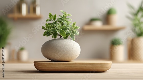 Minimalistic indoor plant decor with stone base and wooden tray