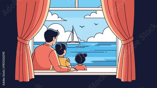 Back view of a father and his two children sitting by a window with orange curtains looking out at a peaceful sea with a sailboat.