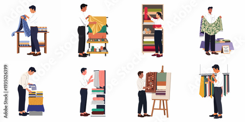 Illustrations showcasing various textile handling and organization activities, including fabric folding, sorting, and display for design, retail, or craft purposes.