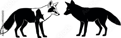 Fox animal silhouette pair facing each other, detailed wildlife predator illustration isolated vector design for forest nature, wild mammal, hunting animal and 