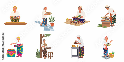 Elderly Indonesian Women Preparing and Selling Traditional Balinese Snacks and Offerings: A Glimpse into Local Culture and Daily Commerce