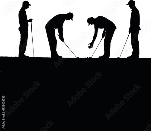 Golf players silhouettes practicing putting on course, group of golfers training together, sports activity, teamwork practice, outdoor leisure game, golf training concept illustration