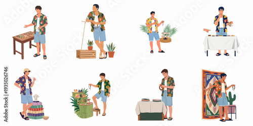 Vector art set of a man at artisan markets, featuring handcrafted jewelry, colorful textiles, and unique decorative items for sale.