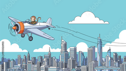 Cute monkey pilots a classic propeller airplane over a sprawling modern city with tall skyscrapers under a clear blue sky.