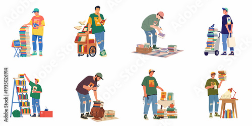 Collection of vector illustrations depicting young people engaging with books: reading, studying, buying, and organizing them.