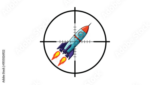 Vibrant cartoon rocket ship soars through the cosmos while perfectly centered in a black crosshair targeting reticle icon.