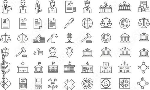 Hand Drawn Law and Legal Icon Set with Court Buildings Judges Documents Justice Symbols and Governance Outline Vector Collection