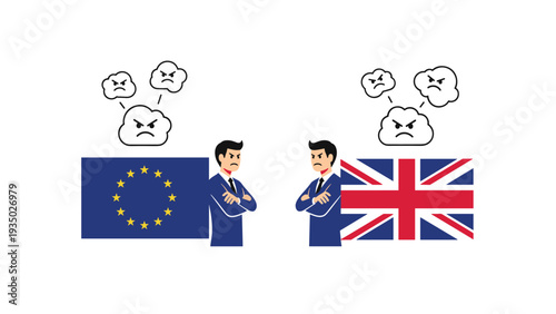 Symbolic confrontation between the European Union and United Kingdom represented by angry businessmen facing each other.