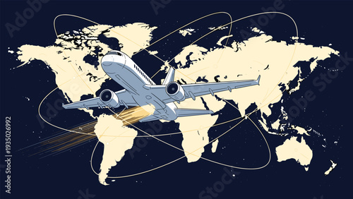 Modern passenger airplane travels over a simplified world map with glowing flight paths connecting global destinations.