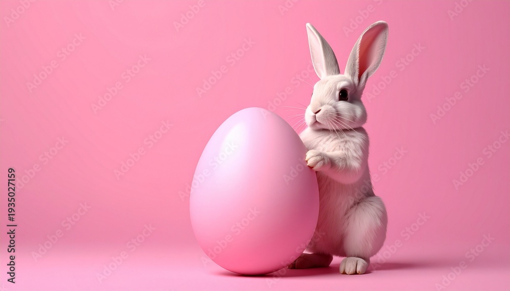 Fototapeta premium White rabbit holding pink egg on pink background.