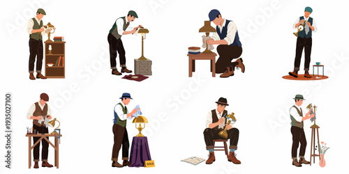 Vintage Craftsmen Meticulously Restoring Antique Lamps and Collectibles, Showcasing Dedication to Preservation and Craftsmanship of Historical Treasures.