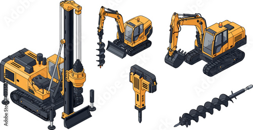 Heavy drilling and excavation machinery set with hydraulic excavators, auger drill, pile driver and construction equipment for foundation engineering, mining and industrial ground drilling