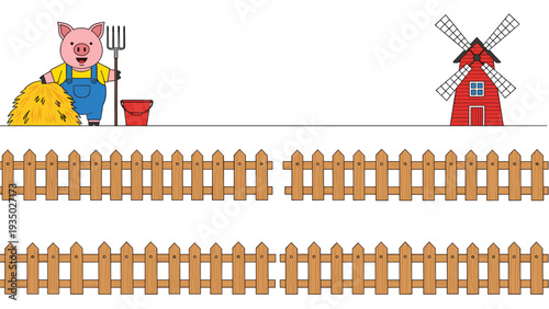 Happy pig farmer wearing blue overalls stands with a pitchfork in front of a rural landscape with a barn and windmill.