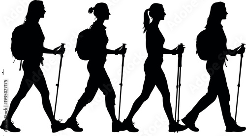 Hikers walking with trekking poles silhouettes isolated on white background representing hiking adventure, outdoor travel, backpacking activity concept
