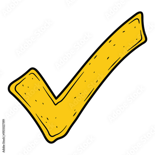Yellow cartoon checkmark symbol with black outline and dotted texture on white background icon
