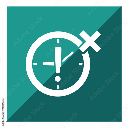 Alarm clock with exclamation mark and cross on green background icon