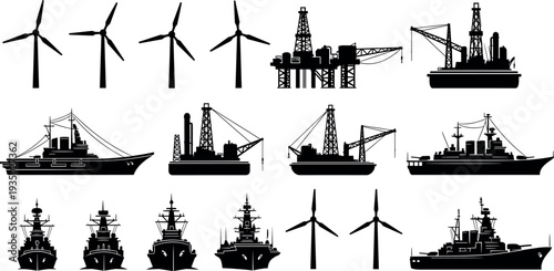 Marine industry silhouette collection featuring wind turbines, offshore oil rigs, drilling platforms, cargo ships and naval vessels isolated vector set for energy, transportation and maritime