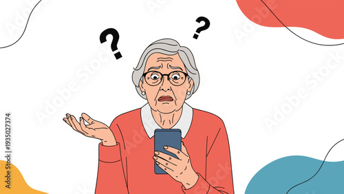 Confused elderly woman looks at her smartphone with uncertainty as question marks float around her head in a modern setting.