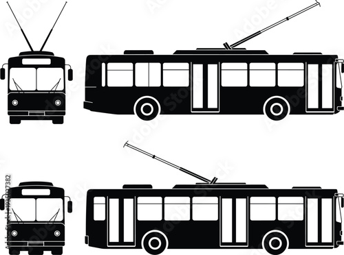 Black and white trolleybus vector illustration showing front and side views electric public transport vehicle silhouette isolated on white background for advertising