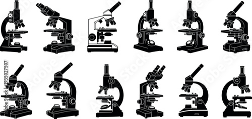Microscope silhouettes collection showing different laboratory microscope models, scientific research equipment icons isolated vector set for biology, chemistry, medical analysis and science 
