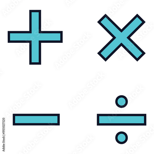 Basic mathematical operation symbols in cyan and black colors icon