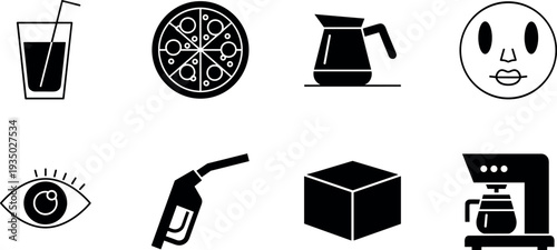 Minimal black icon set featuring drink glass, pizza, coffee pot, face, eye, fuel nozzle, cube and coffee machine isolated vector symbols collection.