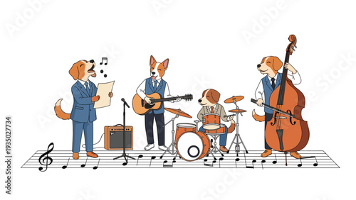 Energetic band of dogs dressed in business suits play various musical instruments including a guitar, drums, and double bass.