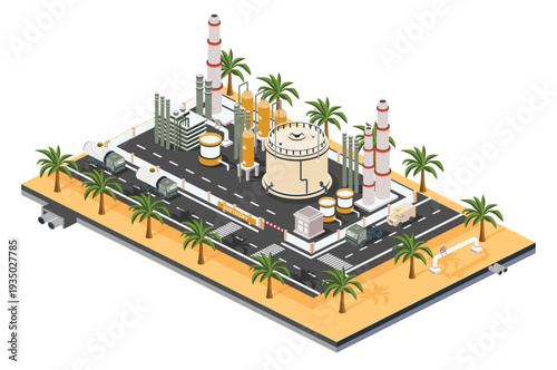 Oil refinery plant in desert landscape with storage tanks and pipelines. Isometric Illustration. Object isolated on white background.