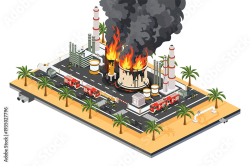 Oil refinery fire in desert industrial zone with firefighters and emergency response. Isometric illustration. Object isolated on white background. Industrial zone after missile attack.