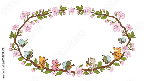 Delicate cherry blossom wreath serves as a frame for several small cute animals playing musical instruments on a branch.