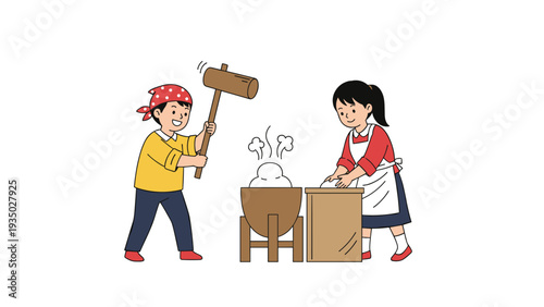 Traditional Japanese mochi pounding scene features a man with a mallet and a woman shaping the dough over a wooden mortar.