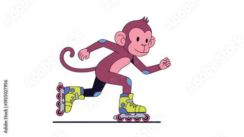 Happy pink monkey enjoys an active day by rollerblading on inline skates with a confident and cheerful expression.