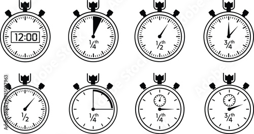 Stopwatch Icon Set with Different Time Intervals and Display Styles for Time Tracking and Measurement