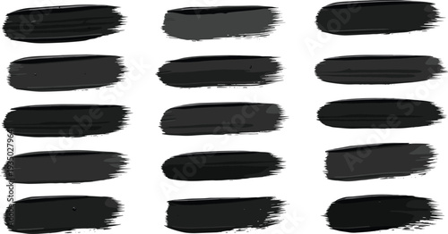 Black paint brush strokes collection with rough grunge texture hand drawn ink acrylic smear vector elements isolated on white background