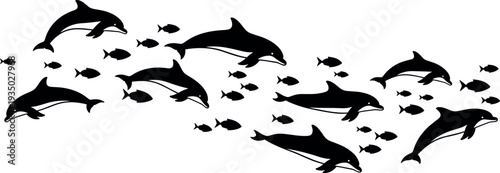 Pod of dolphins swimming among small fish silhouettes in ocean scene, marine wildlife illustration, aquatic mammals underwater movement, minimalist black vector design on light background